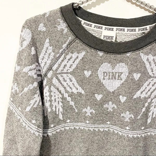 Victoria’s Secret PINK Christmas Winter Sweatshirt Gray‎ Crew Neck snowflake - Image 2
