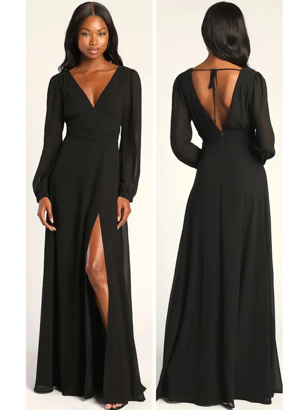 Lulus Love You So Black Long Sleeve Maxi Dress Size Medium NWT V Neck Tie Back - Image 2