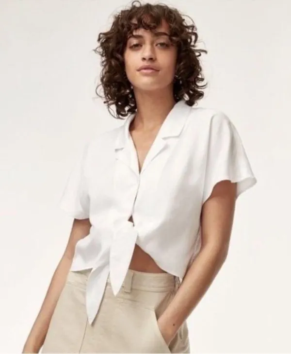 Artizia Wilfred Free Tie Front Blouse in White Size Large Short Sleeve - Image 3