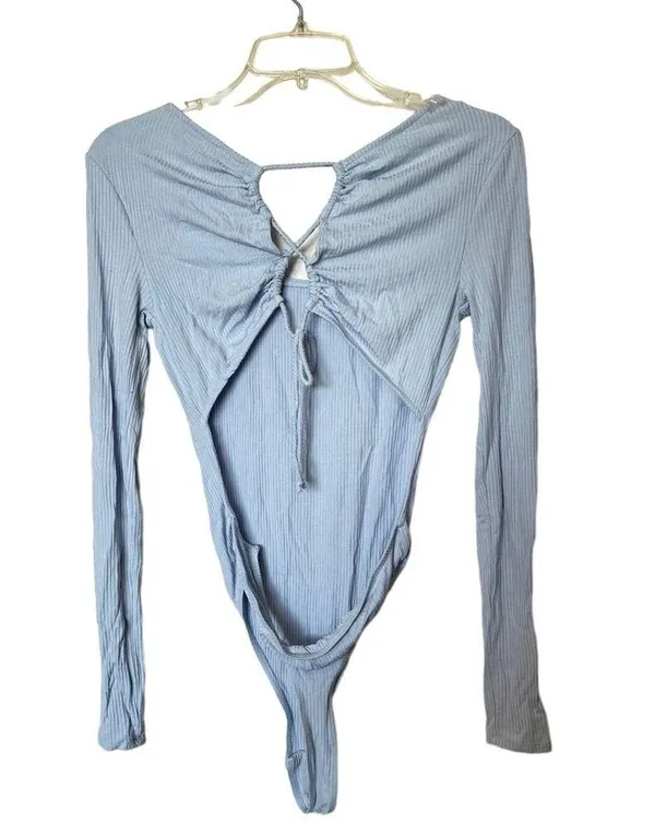 Target Wild Fable New W/o Tags Blue Ribbed Long Sleeve Open Back Bodysuit Small - Image 2
