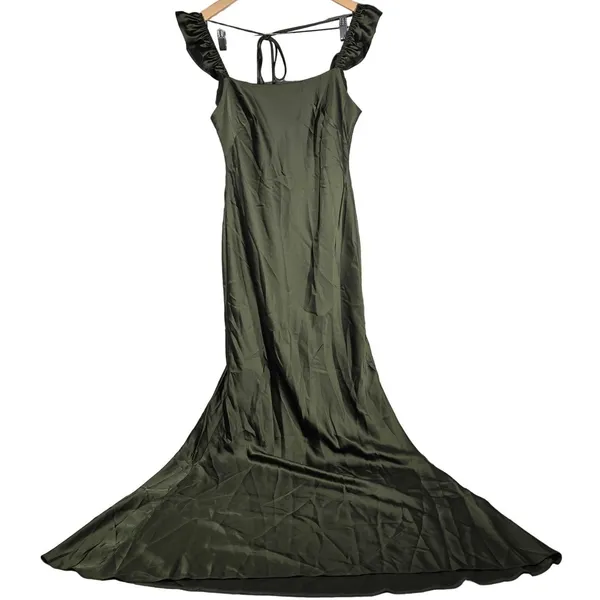 Social Bridesmaids Olive Green Satin Ruffle Flutter‎ Sleeve Maxi Dress XS 8219 - Image 3