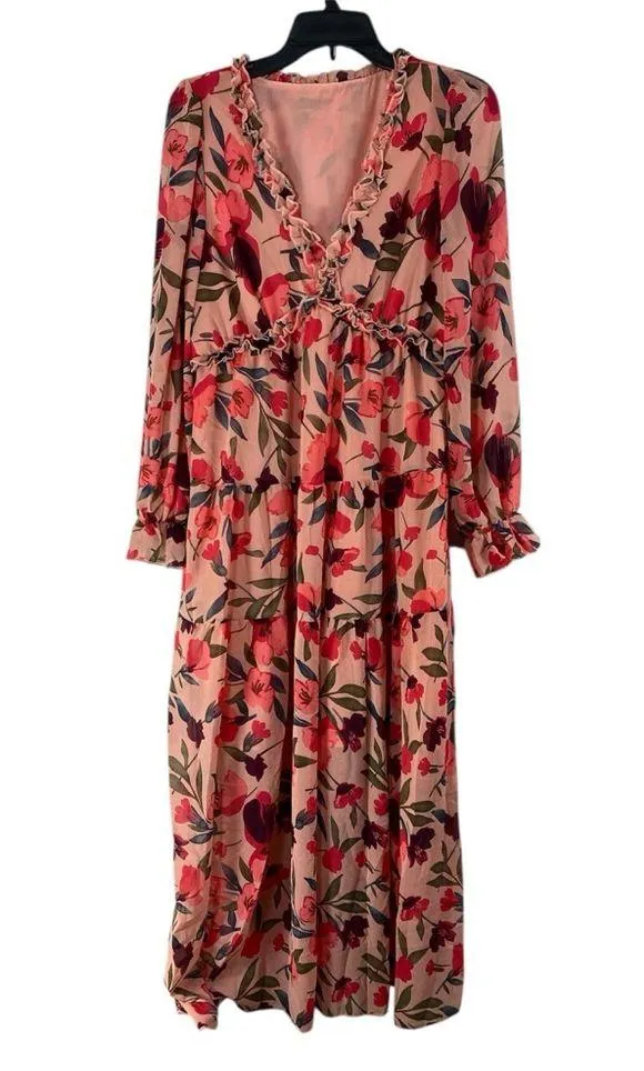 Blencot Women’s M light pink, maroon, red floral bishop long sleeve maxi dress - Image 2