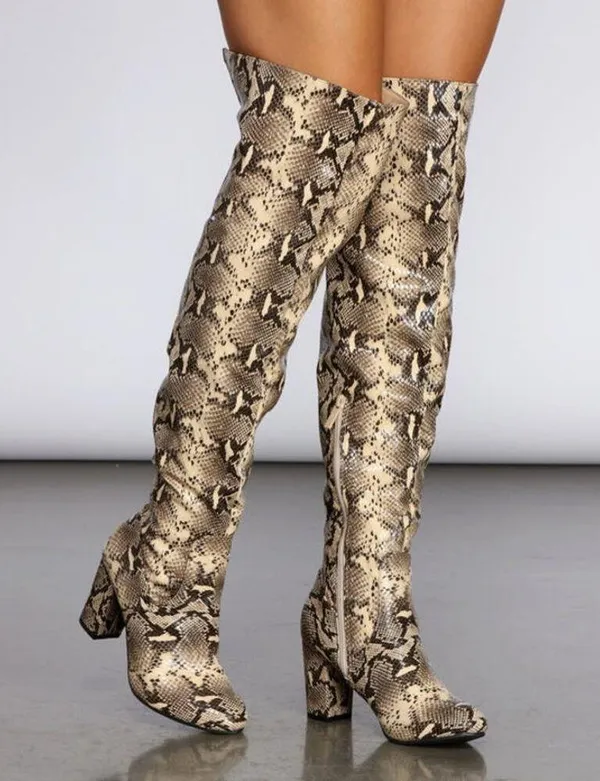 Thigh High Snakeskin Print Boots Women’s Size 6.5 EUC block heel almond toe - Image 3