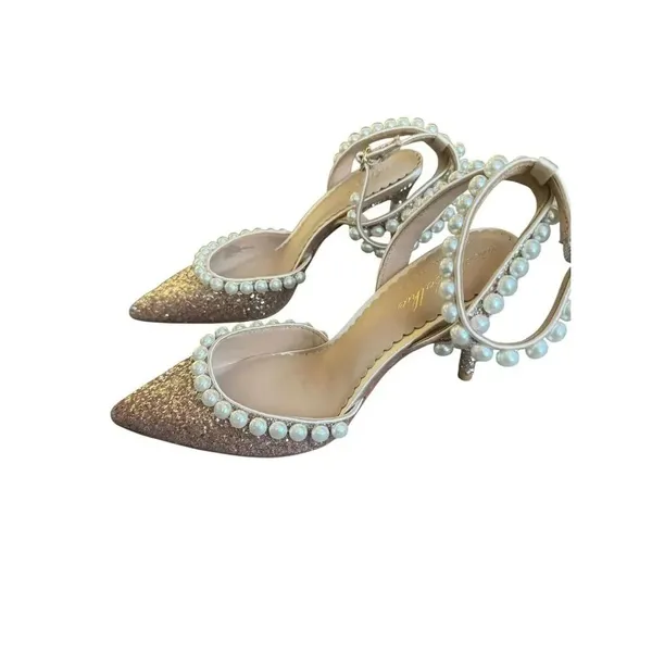 Nicola Bathie x Antonio Melani Bebe Ankle Strap Glitter Pearl pumps in rose gold - Image 4