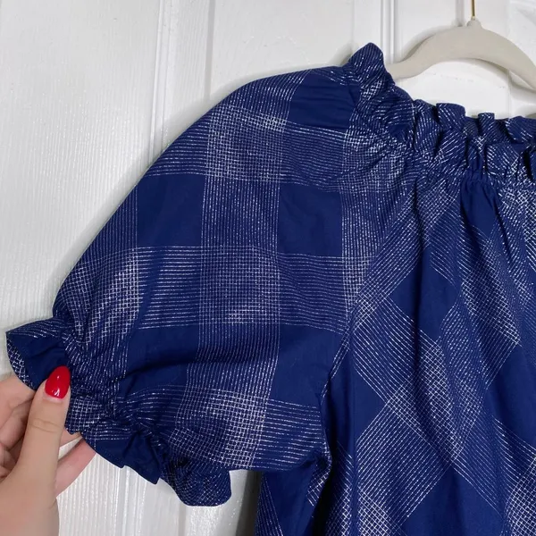 HILL HOUSE Katherine Nap Dress Navy Glitter Check Size XS Puff Sleeves - Image 5