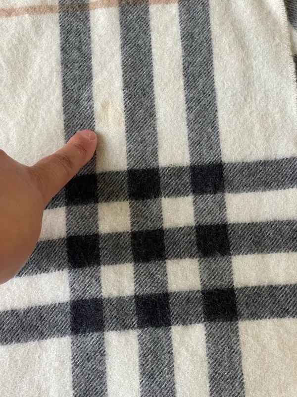 Burberry Cream Plaid Cashmere Scarf with Black and Burgundy Stripes - Image 4
