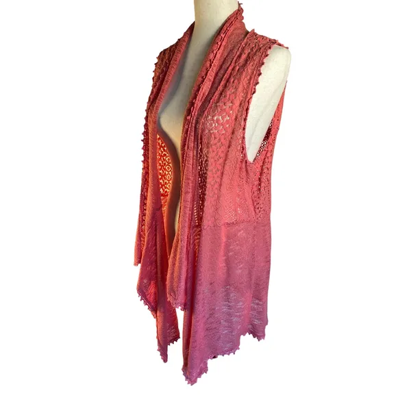 Coral Lace Crochet Long Vest Open Front Draped boho sleeveless - Image 6