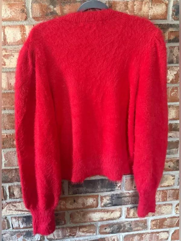 French Connection Fluffy Eyelash V-Neck Button Cardigan - Red - Image 6