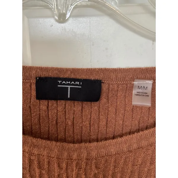 Tahari Women Rust Brown Textured‎ Ribbed Knit Short Sleeve Sweater Top Size M - Image 3