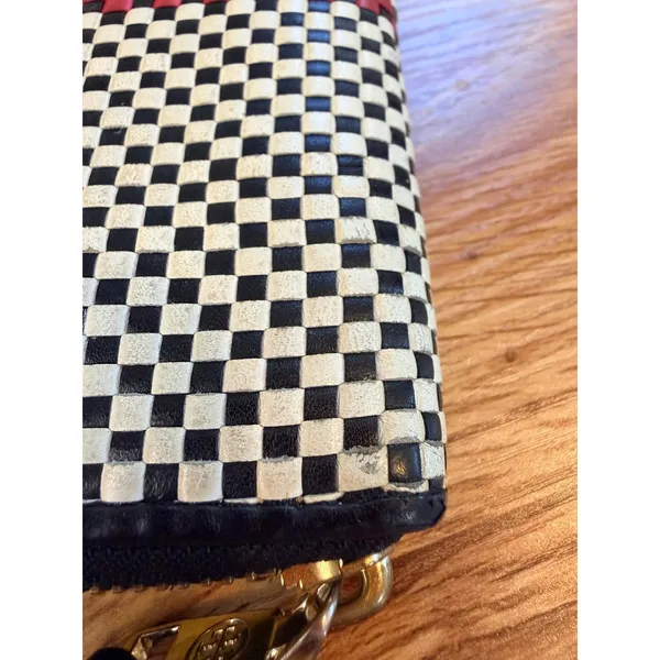 Tory Burch Woven Leather Checkerboard Zip Continental Wallet Navy White OS - Image 9