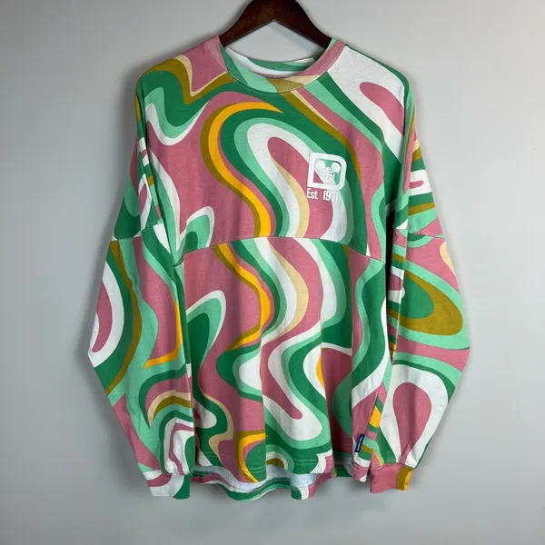 Walt Disney World Spirit Jersey Womens Medium Pink Green 70s Swirl Long Sleeve M - Image 2