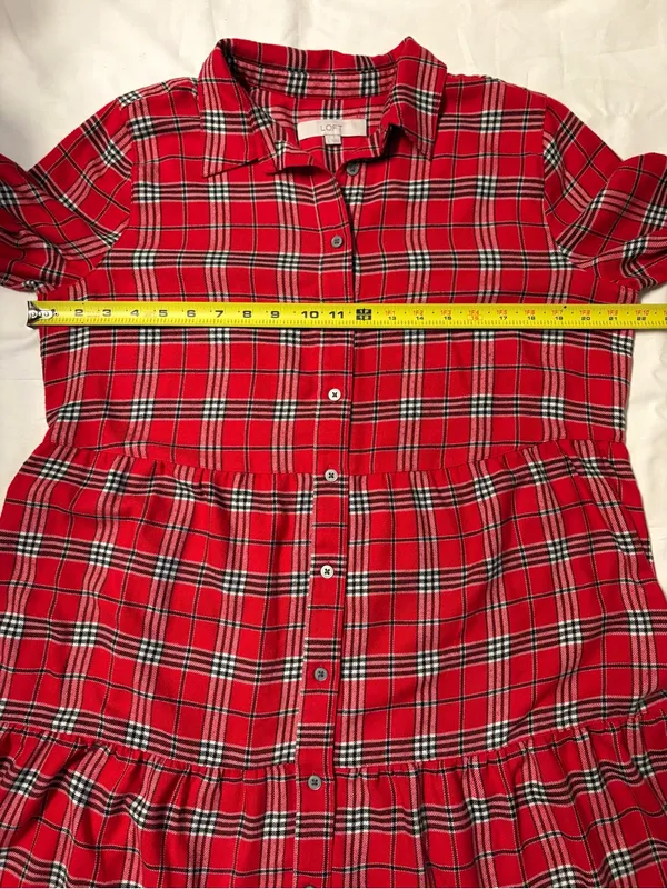 LOFT Red Preppy Plaid Long-Sleeve Button Front Dress size L - Image 5