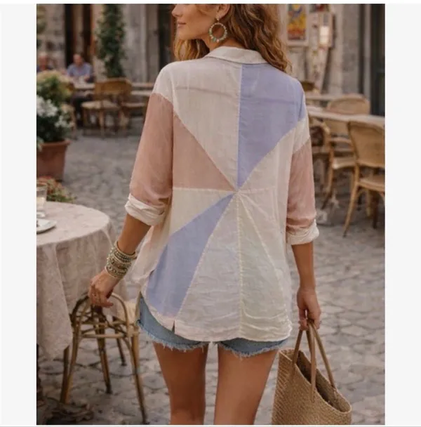Free People Rainbow Rays Patchwork Pastel Button Up Shirt Blouse Size Medium - Image 2