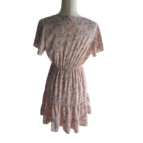 XS/S A-Line Short Pink Green Floral Flutter Sleeve V-Neck Sundress Ruffle - Image 2