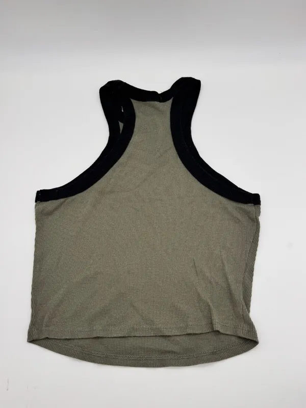 Bozzolo Ribbed Halter Tank Top Olive Green Black Contrast Trim Crop Sleeveless Top Sz S - Image 5