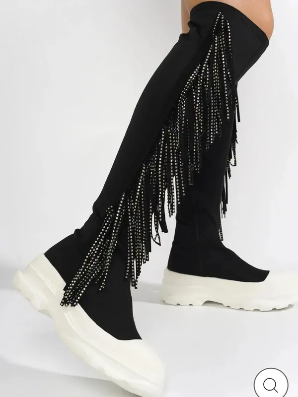 Cape Robbin ARETHA - BLACK THIGH HIGH BOOTS with Multicolor Beaded Fringe - Image 5