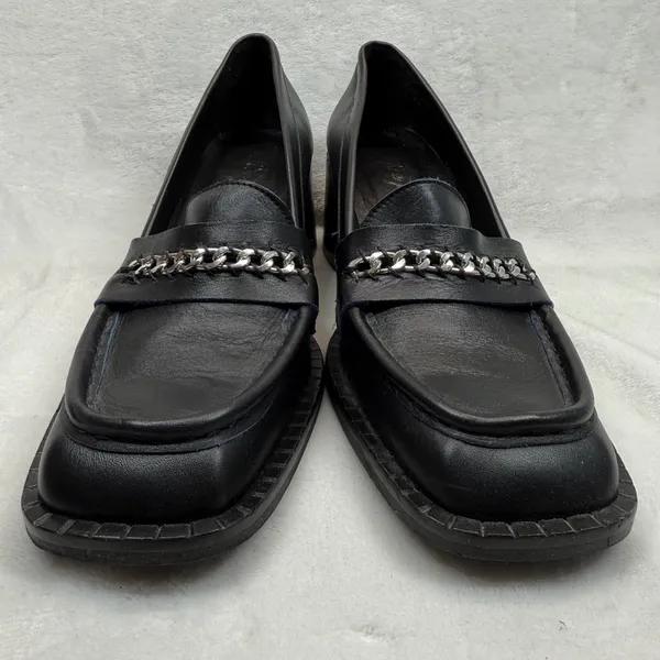 Free People Hayden Black Leather‎ Heeled Loafers Chain Accent Size 41 US 10 - Image 3