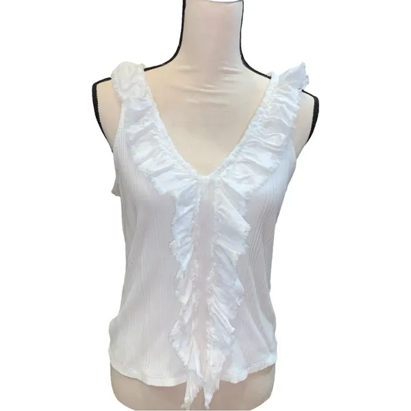 Anthropologie Pilcro V-Neck Ruffle Tank Top in White Size L Y2K Yacht Nautical - Image 2