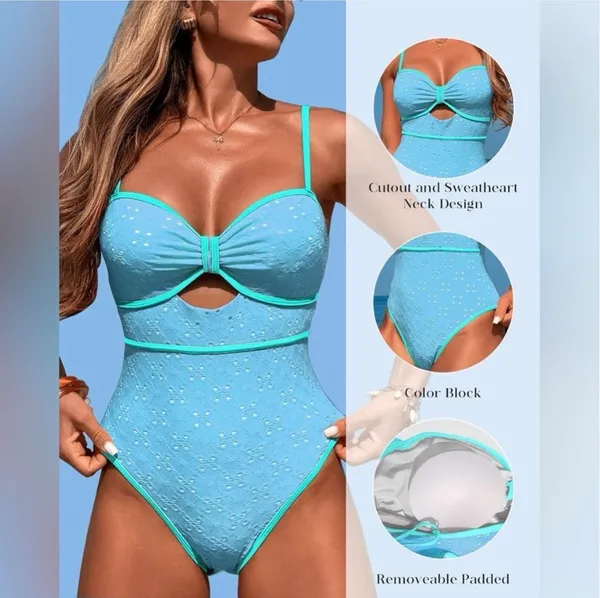 Bright Aqua Women's One Piece Swimsuit Sexy Cutout Monokini High Cut Size Medium - Image 5