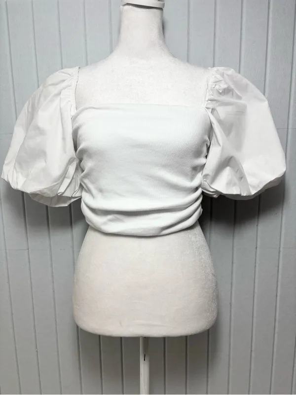 Zara White Puff Sleeve‎ Square-Neck Crop Top Size M - Image 2