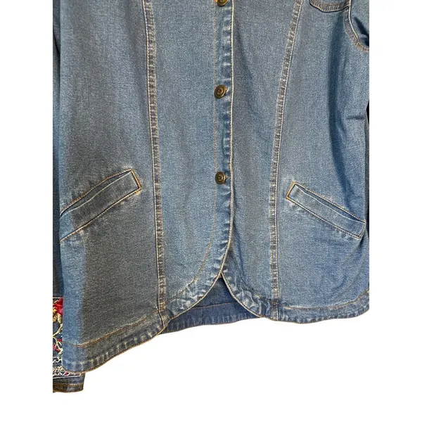 Denim & Co Embroidered Jean Jacket Blazer Floral Sleeves Floral Lining‎ Sz M - Image 3