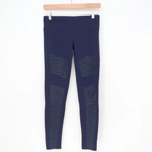 Alo Leggings Womens M Moto Navy Blue Quilted Mesh Activewear Excellent - Image 2