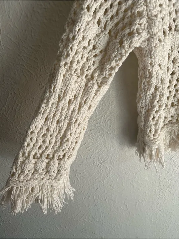 ZARA Cream Crochet Open Knit Fringe Hoodie Sweater Granola Gritty Boho Medium - Image 5