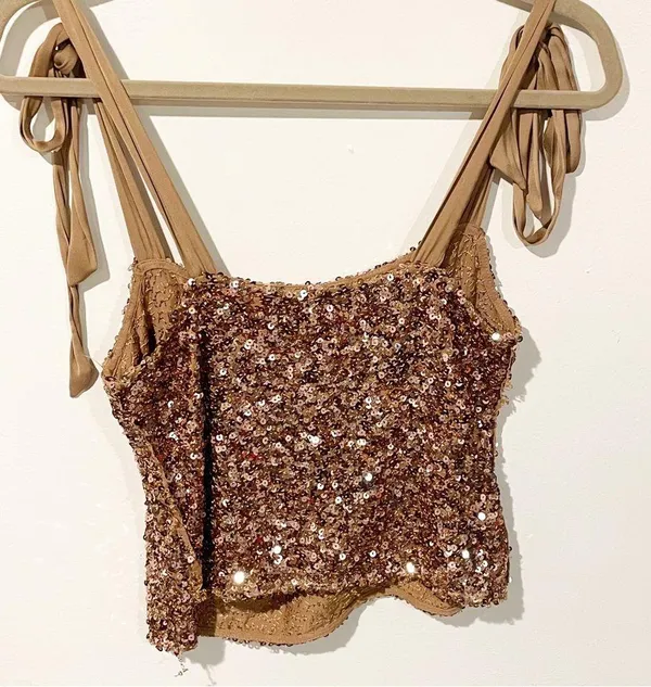 Free People Medium Hey Girl Camisole Brown Gold Tie Shoulder Sequined Cami - Image 6