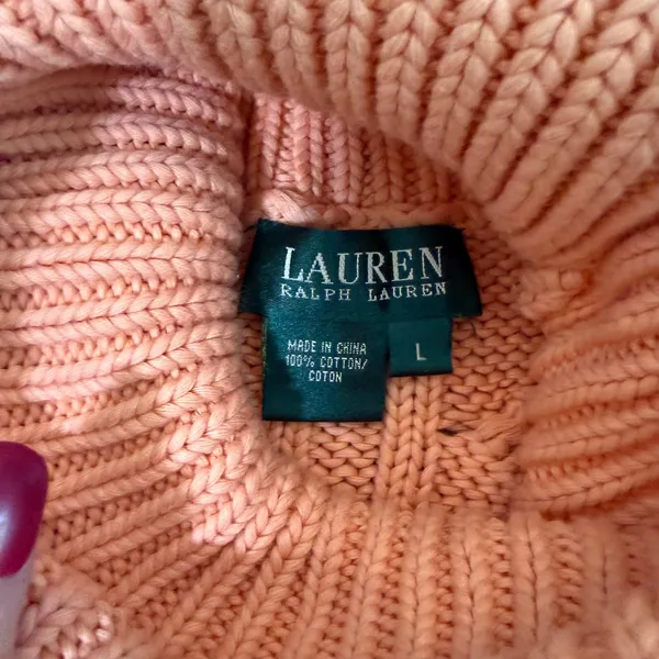 Lauren Ralph Lauren Womens Cotton Sweater L Peach Cable Knit Turtleneck‎ Chunky - Image 2