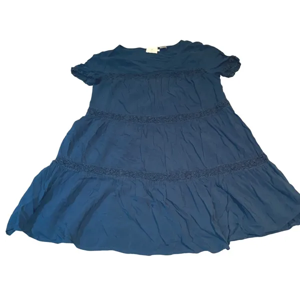 Women's Navy Blue Tiered Boho Dress Lace Babydoll Cottagecore Peasant Midi Dress - Image 2