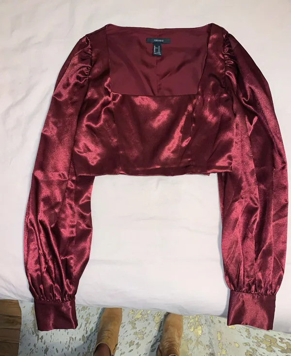 Maroon / Crimson Balloon Sleeved Crop Top Red Size M - Image 2