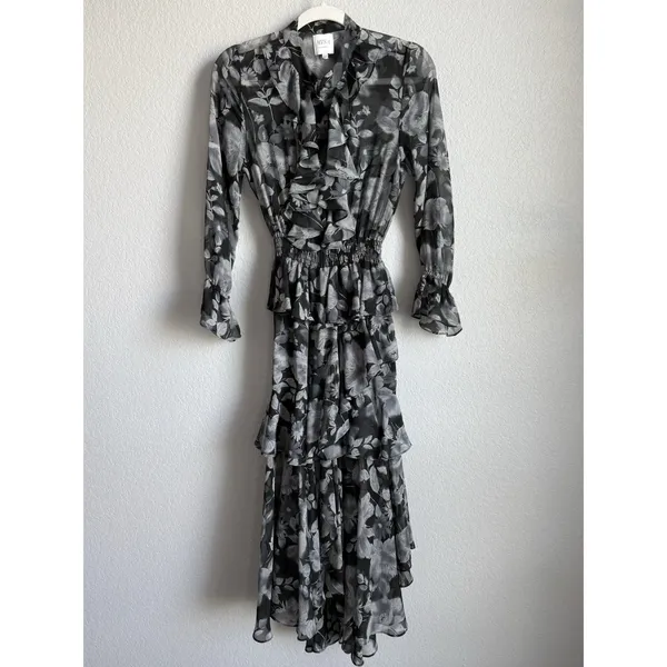 MISA Los Angeles Agnese Ruffle Tiered Midi Dress Chiffon Black Floral Boho XS - Image 7