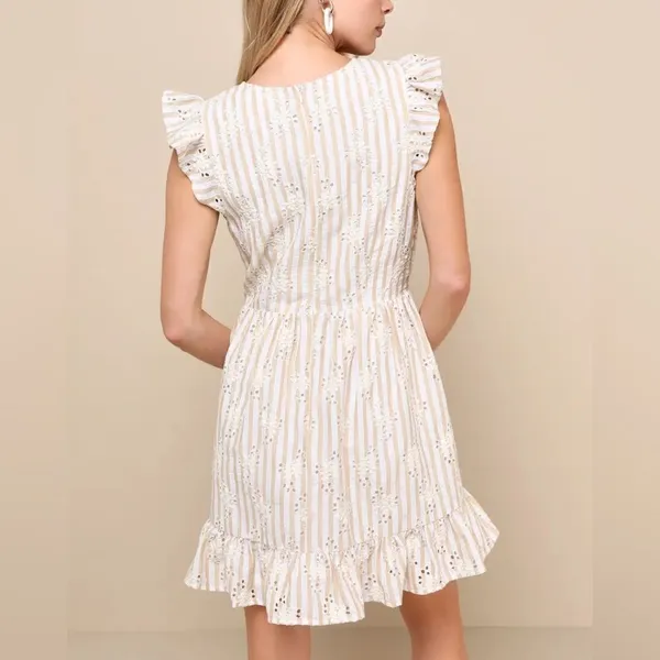 Lulus Sunny Crush Striped Embroidered Mini Dress Beige/Ivory M NWT IN PACKAGE - Image 2