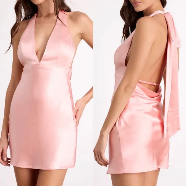 NWT Lulus Size Small Zimri Light Pink Satin Halter Mini Dress Formal Glam - Image 2