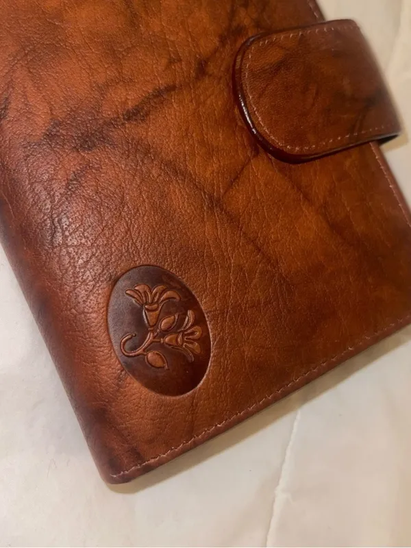 Buxton Cowhide Brown Leather Snap Wallet with Embossed Floral Logo - Image 6