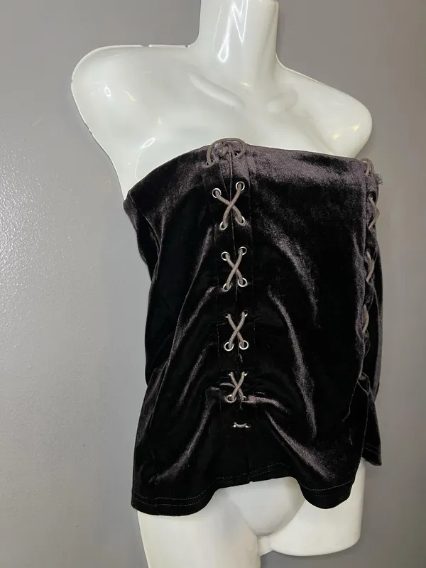 Forever 21 Tank Top Womens Medium Brown Velvet Strapless Lace Up Corset Party - Image 3