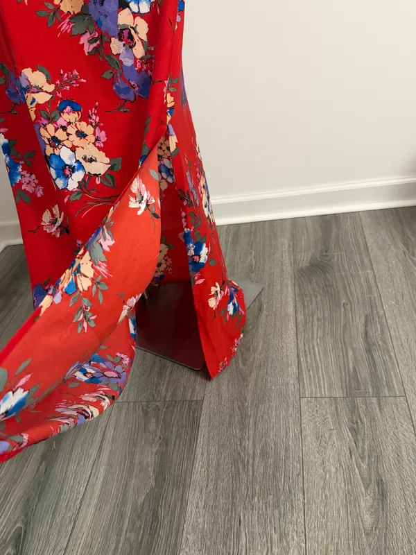 Red Maxi Dress w/Vibrant Floral Print & Pockets - Image 3