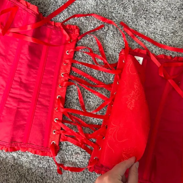 Red corset top with subtle floral embroidery - Image 8