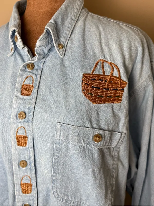 Vintage Embroidered Denim Button Down Shirt XL Baskets Cottagecore Teachercore - Image 3