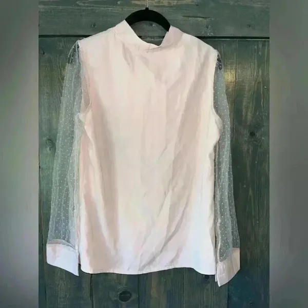SHEIN Elegant Blush Pink Bow Blouse‎ with Mesh Dot Sleeves - Romantic Top A68 - Image 8