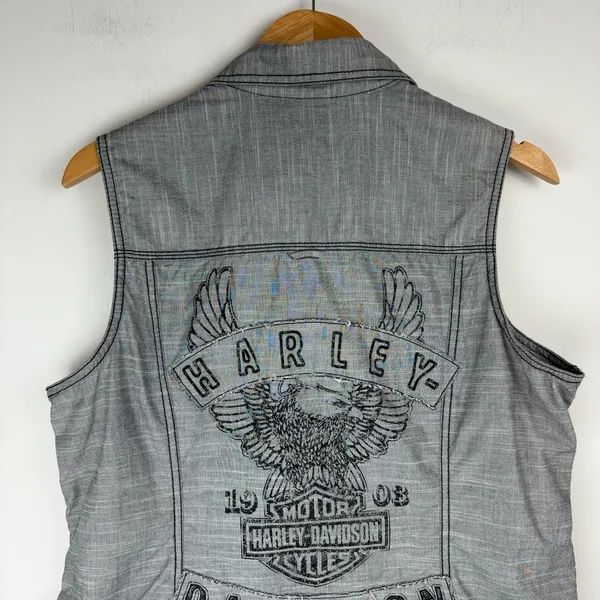 Harley Davidson Y2K Button Down Shirt Vest Sz XL Grey Graphic Back - Image 10