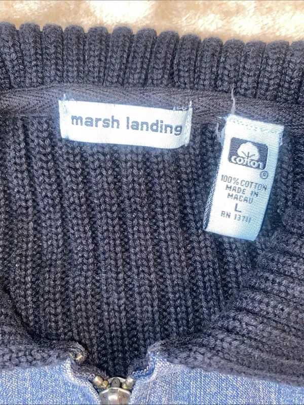 Marsh Landing Blue Denim Jacket with Black Knit Sleeves - Image 2