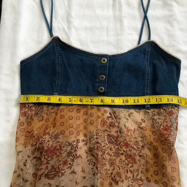 Carolina Blues 2000s Y2K boho hippie Tan navy blue jean denim patchwork midi dress with button front cami spaghetti strap #festival Size 8/M, measurements in pics - Image 6