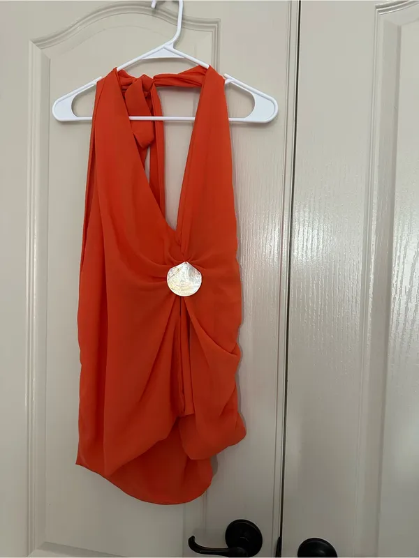Peppermayo Orange Halter Mini Dress with Shell Accent - Image 3