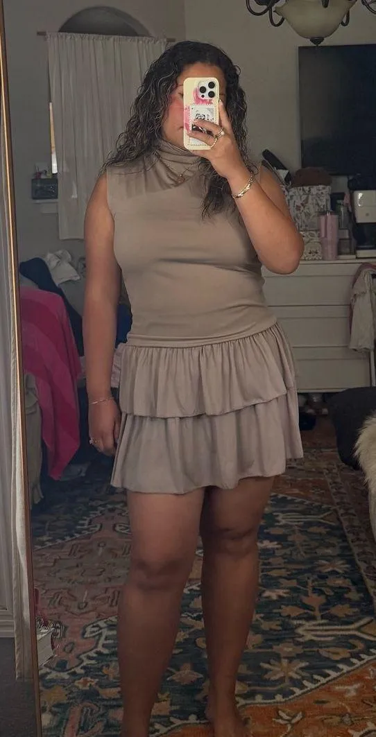 Brown mini dress bubble style layered skirt mock neck fall style short neutral dress - Image 3