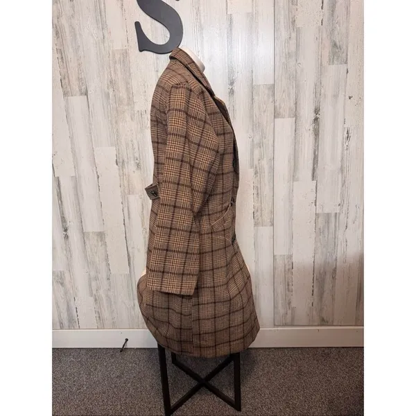 Tanning Plaid Blazer Coat Size Small Double Breasted Wool Blend Longline Jacket - Image 4