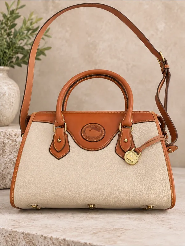 Vintage Dooney Bourke Cream/ British Tan Shoulder Satchel Bag Purse Y2K Leather - Image 2