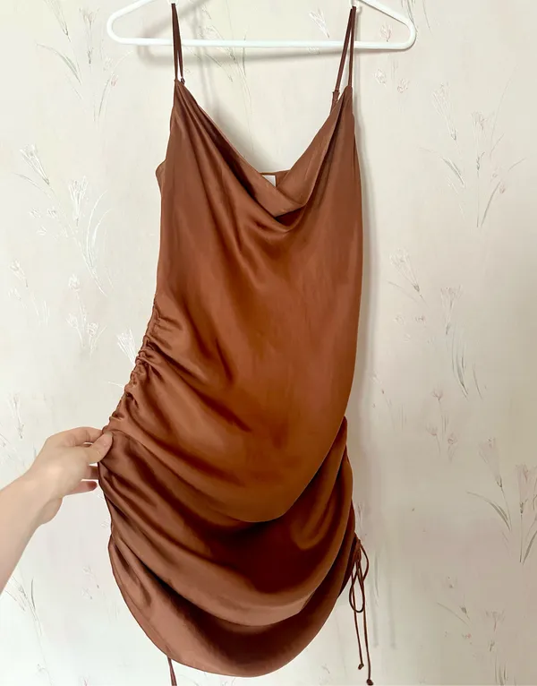 Aritzia Wilfred Only Ruched Slip Dress in Terrazzo Brown - Image 5
