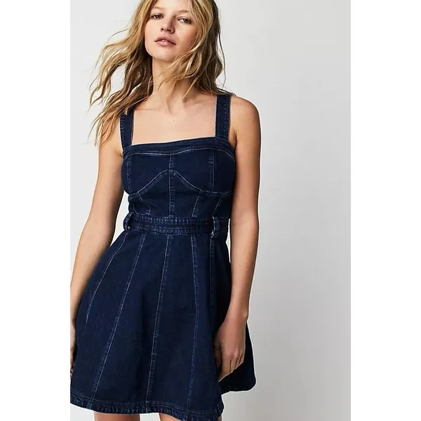 Free People Dark Indigo Denim Mini Dress Size L It has pockets on the sides. - Image 2