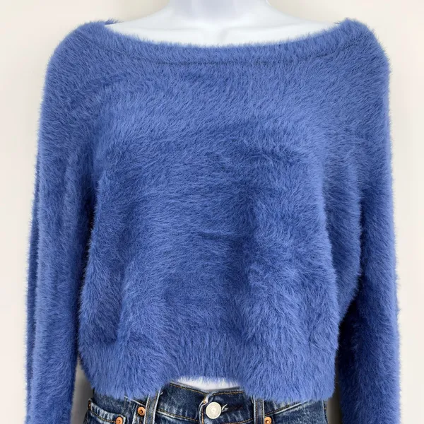 Natural Life Blue Fuzzy Cropped Sweater Boat Neck Long‎ Sleeve Womens XL - Image 3